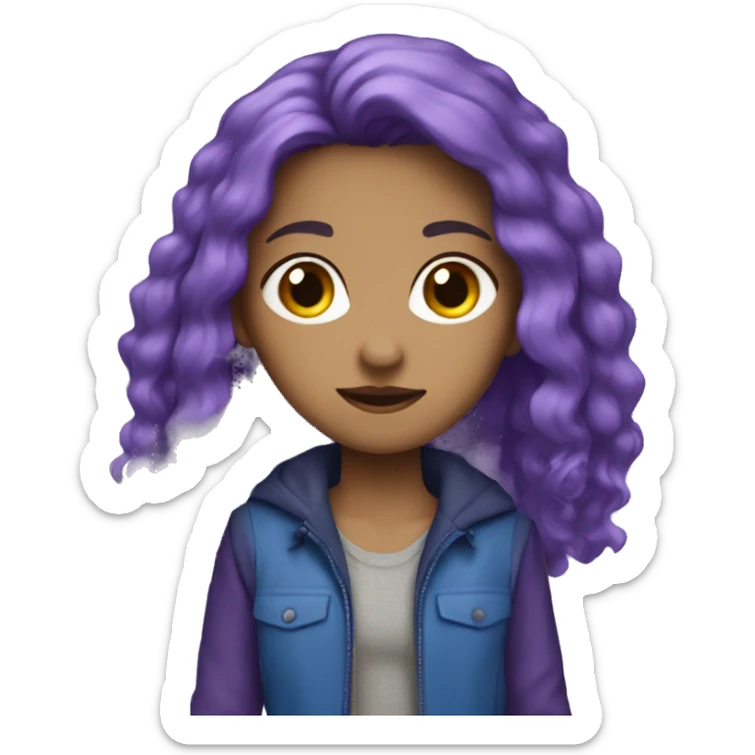 a girl with a purple long hair and purple jacket and blue hort jens sticker