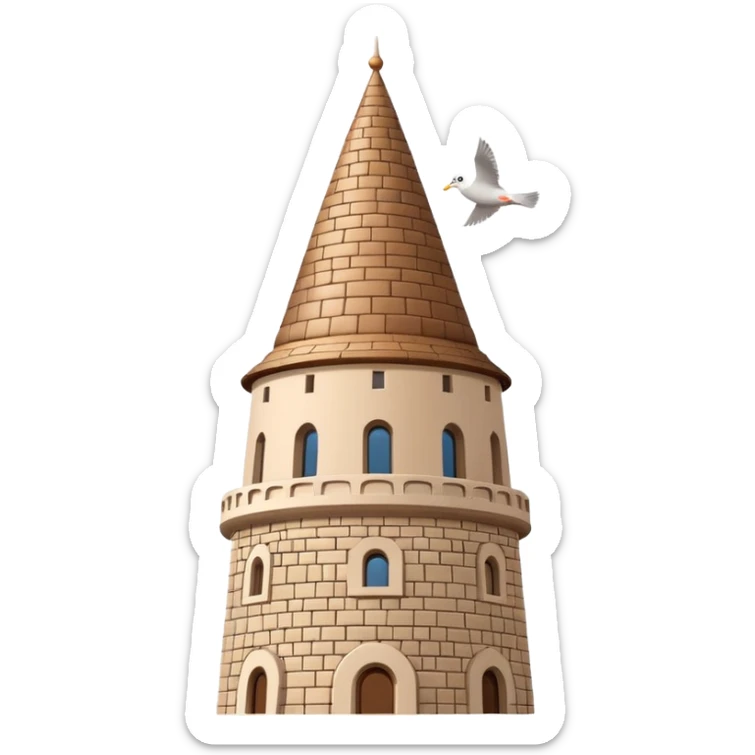 Minimalist smartphone emoji icon of Galata Tower Istanbul. Distinctive conical brown cap, stone texture, small windows. Light blue background, small seagull. Simplified building style. sticker