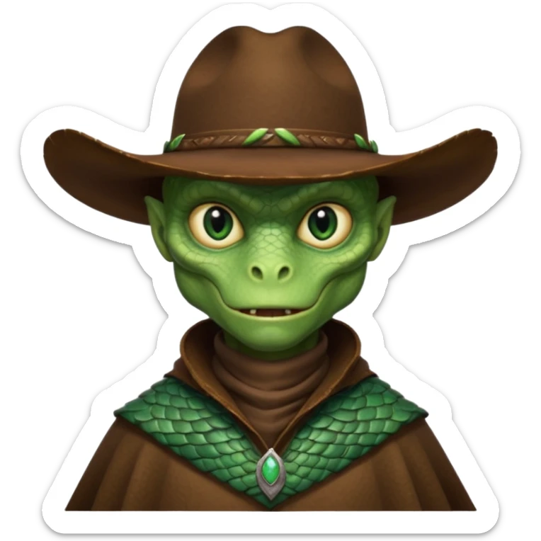 Portrait of a reptilian alien cowboy with textured scales, slit pupils, sharp jawline, dark brown cowboy hat, leather poncho, intense gaze, warm desert lighting, hyper realistic, shallow depth of field, cinematic western atmosphere
 sticker