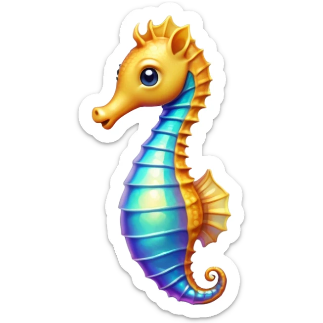 Cinematic Realistic Cute Sea Horse Portrait Emoji, Head tilted playfully and inquisitively, featuring a delicate, curvaceous form with intricately rendered, iridescent scales and a charming, expressive face with round, sparkling eyes full of gentle curiosity, high shine, affectionate and whimsical, styled with a touch of aquatic magic, soft glowing outline, capturing the essence of a mischievous yet lovable sea horse that seems poised to flutter out of the screen into your embrace! sticker