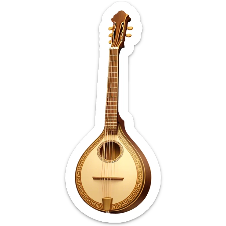 Bouzouki – Cinematic Realistic Bouzouki, depicted as a beautifully crafted Greek string instrument with a long neck and ornate fretwork, its polished wooden body reflecting warm golden light, set on a rustic background with soft shadows that evoke traditional Mediterranean music. sticker