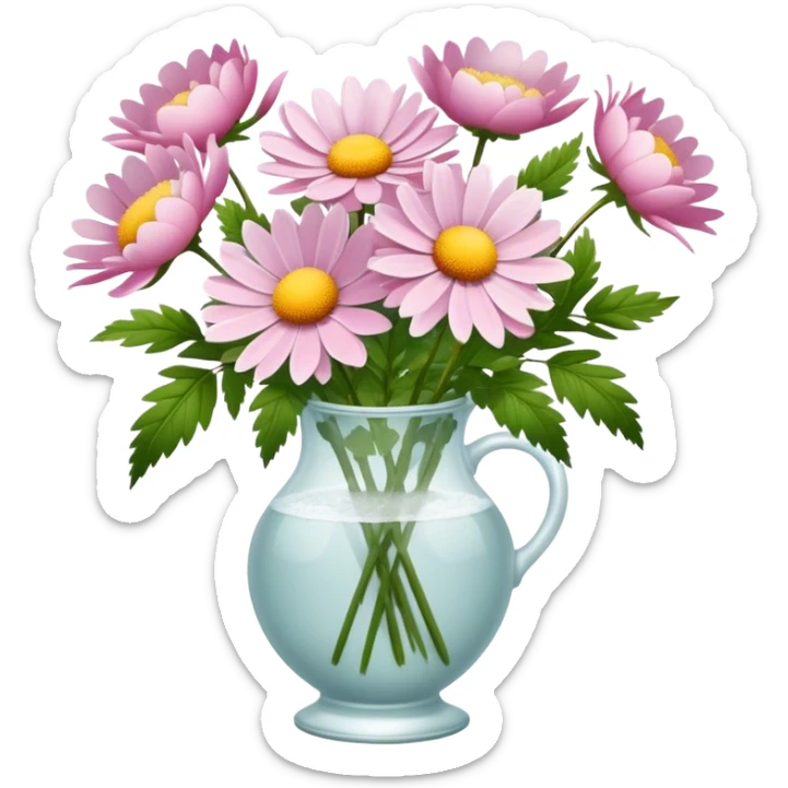 A bouquet of daisies of the color Wild Rose in a glass vase of the color Frosty Peony  sticker