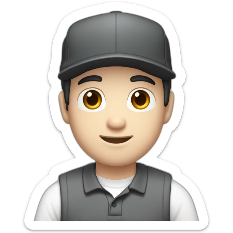 Pale skinned Man with black hair in a white cap and dark gray polo T-shirt with a box into his hands sticker