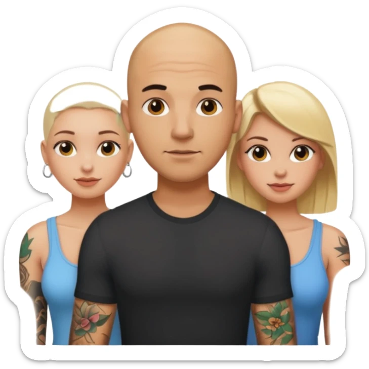 tattooed bbald male with two girlfriends a blonde and a brunette haired boob female   sticker