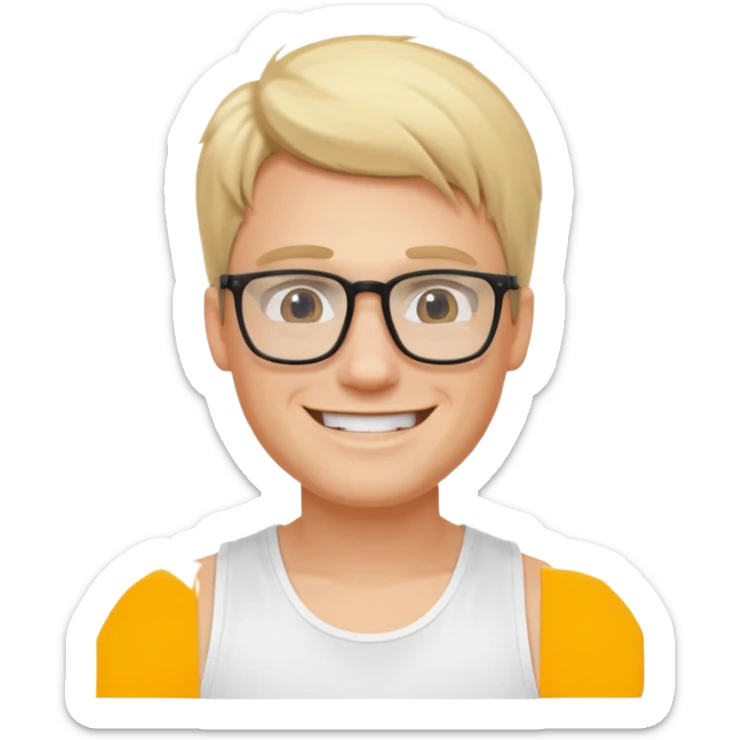 portrait of man, wearing a tank top, square glasses, grinning face, blond hair sticker