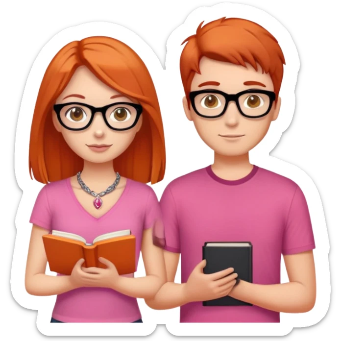 brunette girl with hazel eyes drinking latt, hair just below shoulder length and wearing a pink shirt, also with a necklace. Put her with her boyfriend who has orange/red hair, black glasses, and is taller than her. He needs a book in his hand  sticker