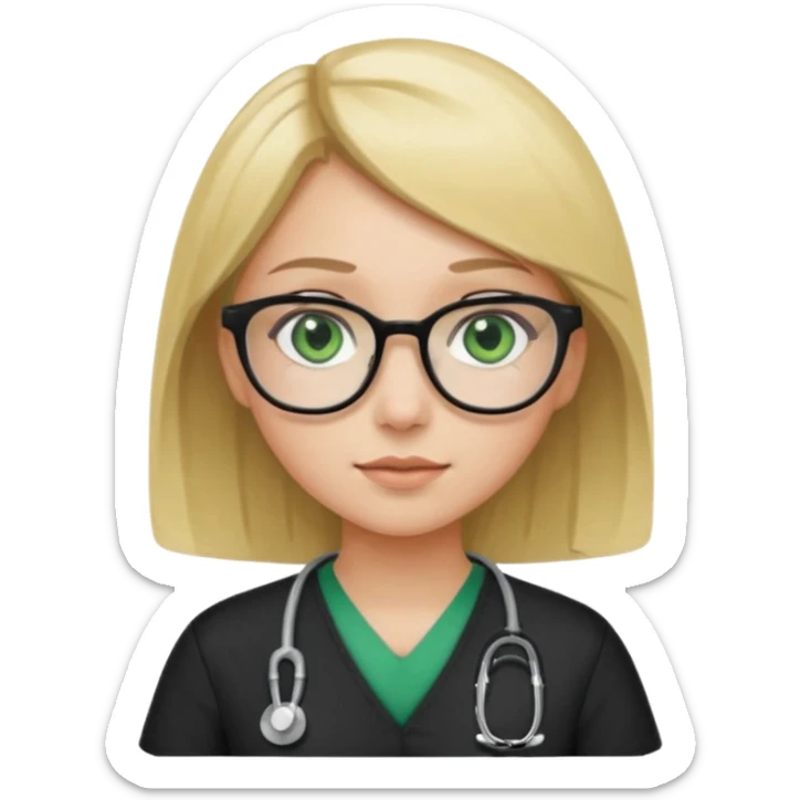 A girl in black scrubs with a blonde bob and glasses no stethoscope green eyes sticker