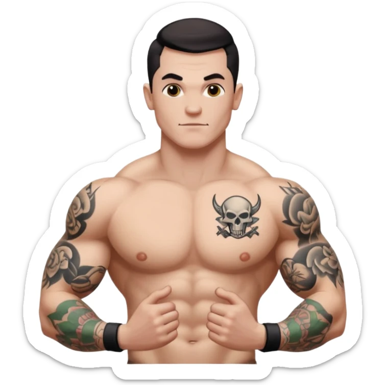 tattoo man, white skintone, more highlight the tattoo, body builder, tatto on fully chest, more tattoos on the body, more visible tattoo, big tattos. sticker