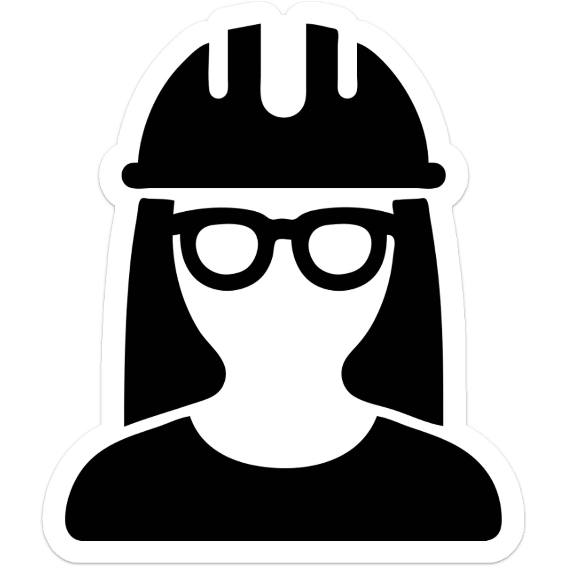 A woman with long, straight black hair, wearing glasses and a white architect's helmet sticker