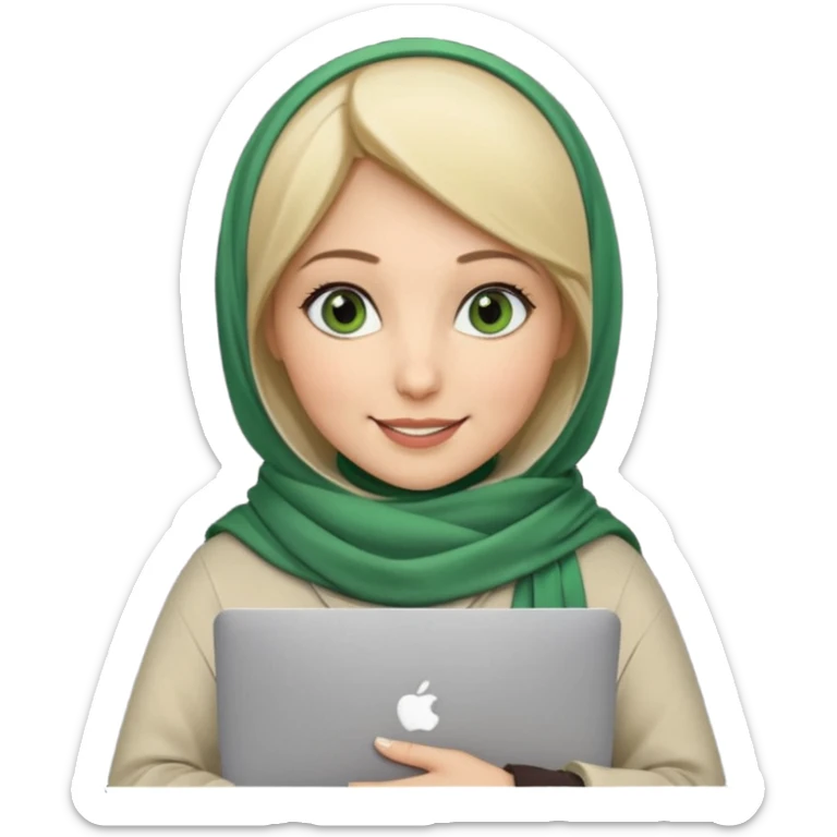 blond women skine , with green eyes , with scarf hijab , hid the hair, with macbook sticker