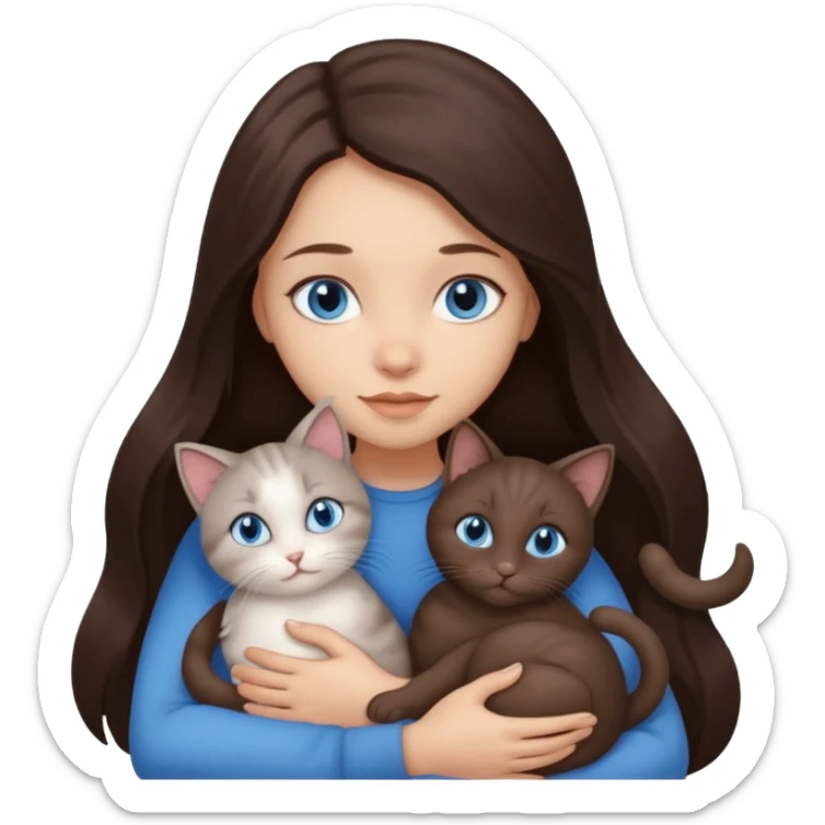 a pretty girl with long dark 
brown hair, with blue eyes, hugs 3 different natural coloured small cats sticker