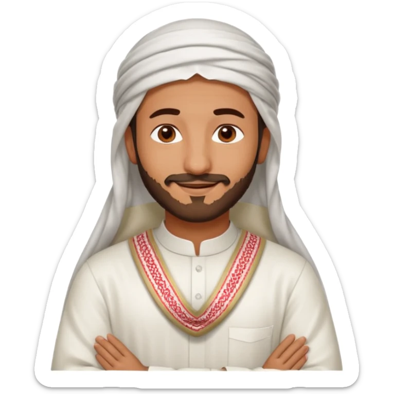 detailed iPhone-style emoji of a Saudi man in white thobe and red-and-white shemagh, smiling gently, both hands on chest, soft cartoon face, short beard, brown eyes sticker