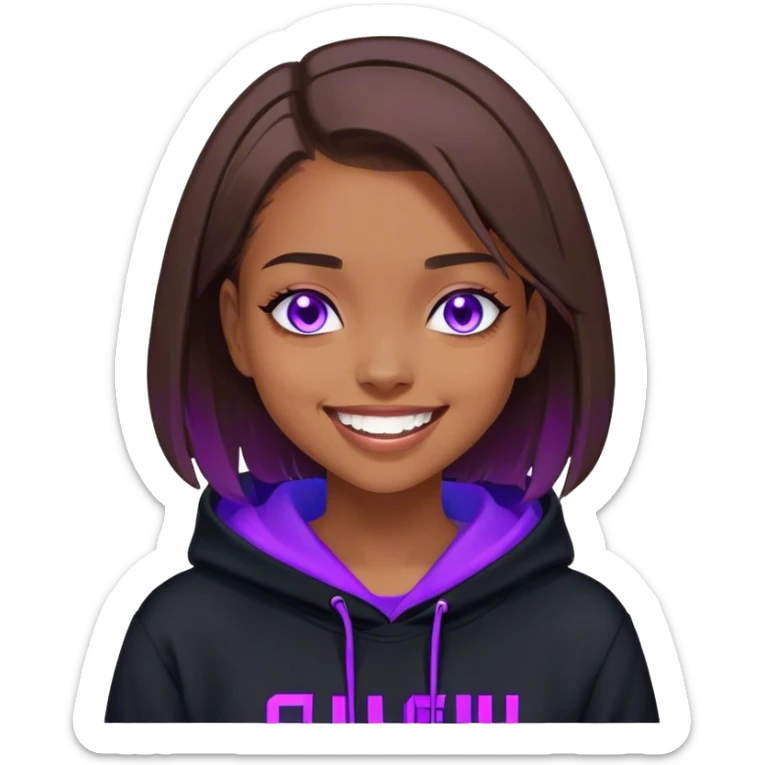 brown haired girl with a bob and blue eyes wearing black hoody with violet letters "Lu", laughs. Cyberpunk style. Violet neon. sticker