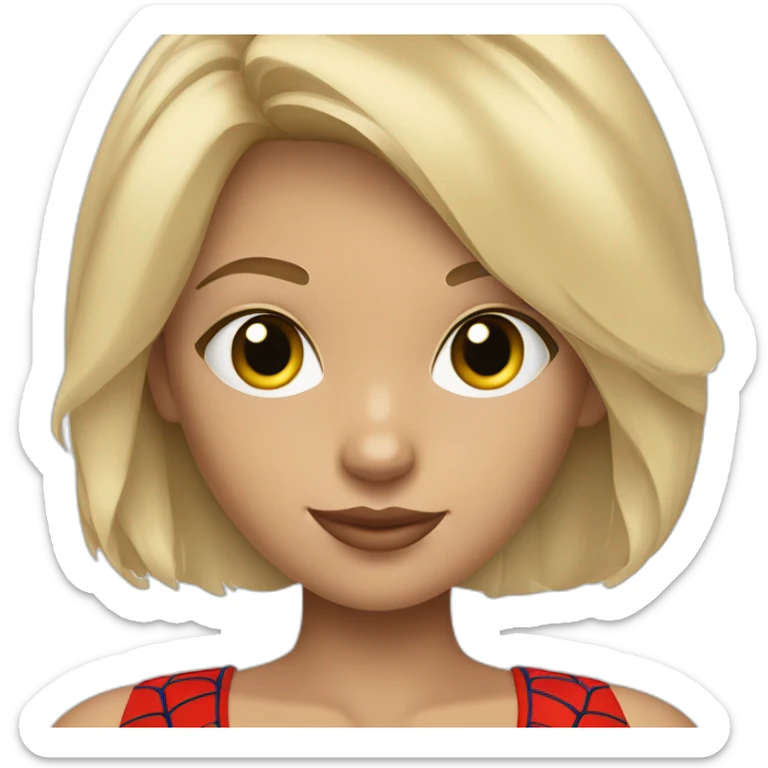 tanned blonde girl with bobbed hair and bleu eyes with spider man mask sticker