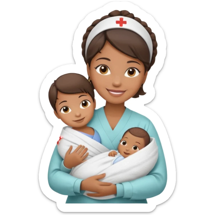 Female nurse smiling with a small hair roll on top of head with medium brown skin and brown eyes holding one new born  sticker