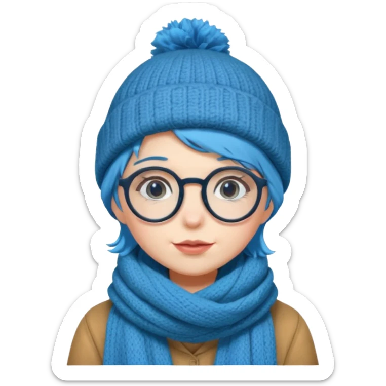 A shy blue straight hair woman with big round glasses and thick scarf and a beanie, blushing from the cold. sticker