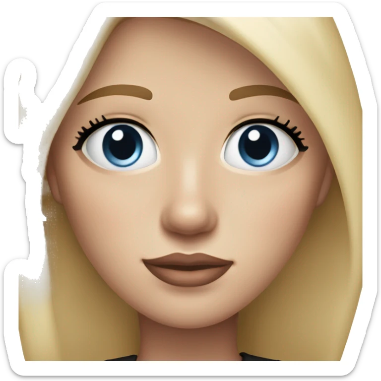 a woman with freckles, blue eyes, light skin, blonde hair and dark roots, pink lips. black clothes. sticker
