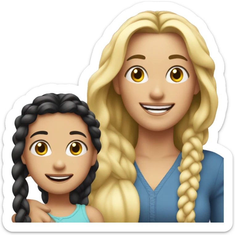 An emoji of a blonde mother with long hair, standing next to her 3-year-old daughter with black braided hair, both smiling sticker