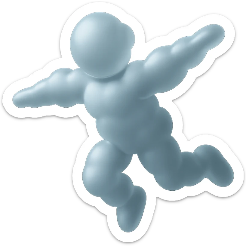 flying person with body and limbs made of small white fluffy clouds, matte glass style, no background, simple pose sticker