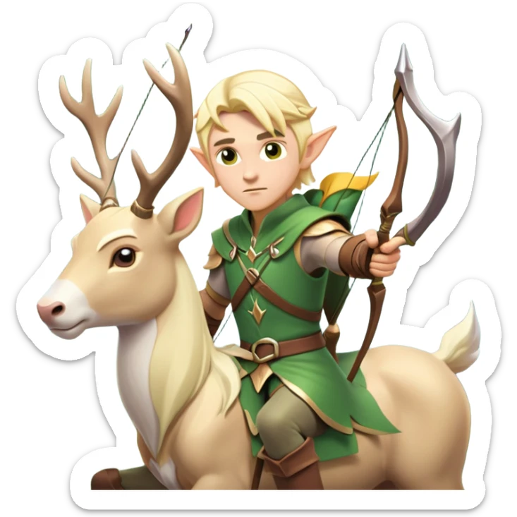 clash-of-clans-aesthetic-blond-male elf-archer-portrait-emoji, rendered in a flat, vector-style with minimal shading and bold, simplified shapes, head tilted slightly forward with a determined, focused expression, riding a majestic white stag whose antlers glow with mystical energy, set against an ancient, enchanted forest backdrop. sticker