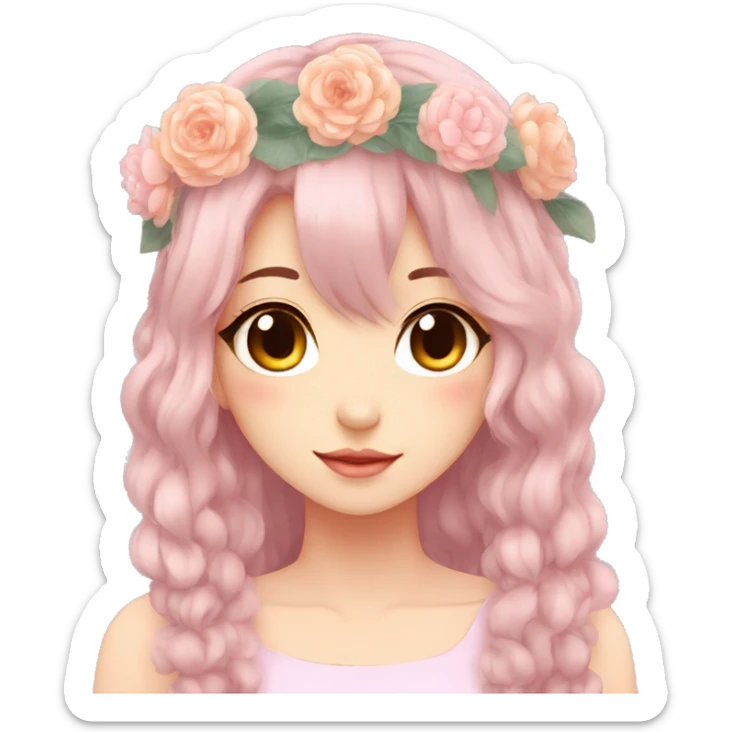 Gorgeous Pastel Anime Lady with blushing face and pretty hair with a flower crown aesthetic trending style sticker