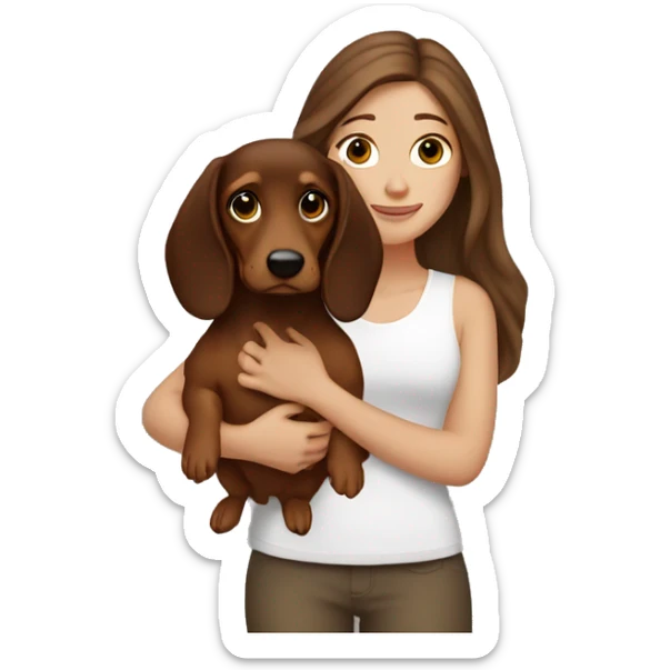 White girl long brown hair and holding a dachshund  in her arms sticker