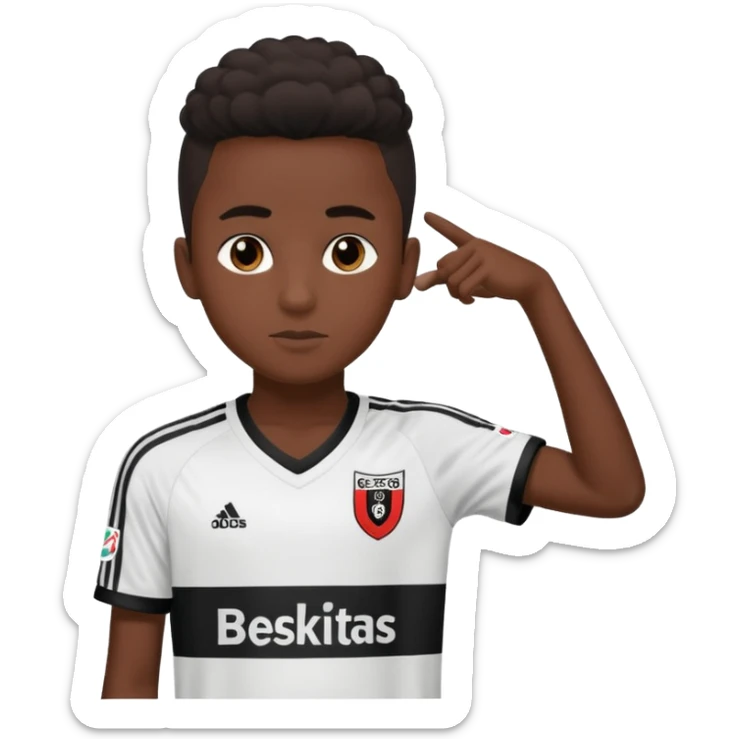 A dark-skinned boy, aged 15 and 16, is wearing a Besiktas jersey, black and white. sticker