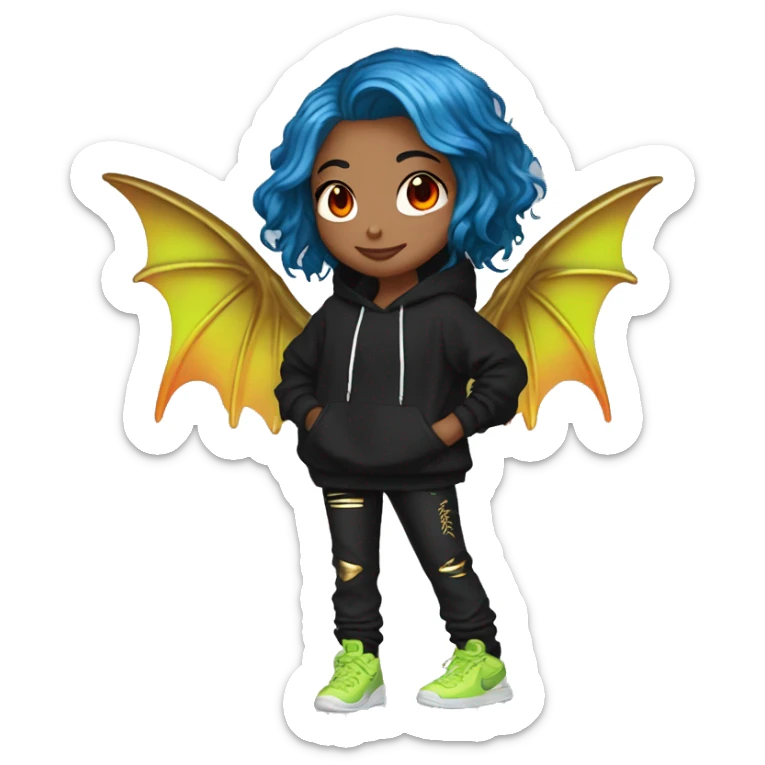 Lady with brunette and iridescent blue hair, gold, lime green dragon wings, black hoodie, bleach dyed, black and gold Nike t shirt, and bright red eyes sticker