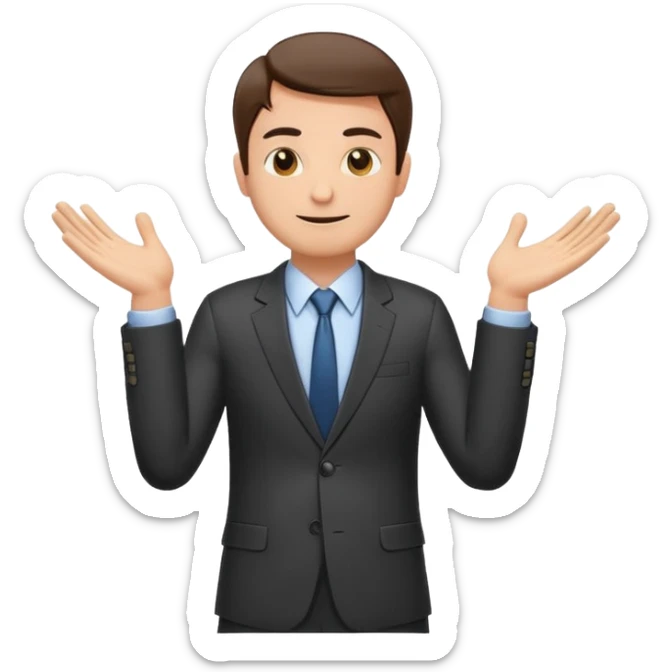 Sticker of a man in a business suit, front view, both arms extended straight in front of his body at chest level, elbows slightly bent, palms facing inward as if holding an invisible box, friendly expression, clean cartoon style, bold outlines, minimal background, emoji sticker style sticker