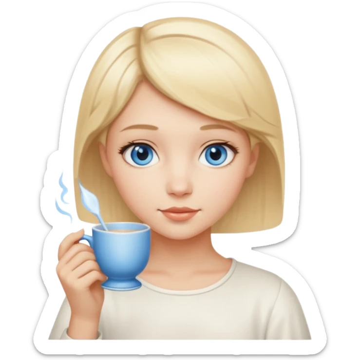angelic blonde girl with short hair and blue eyes holds a cup sticker