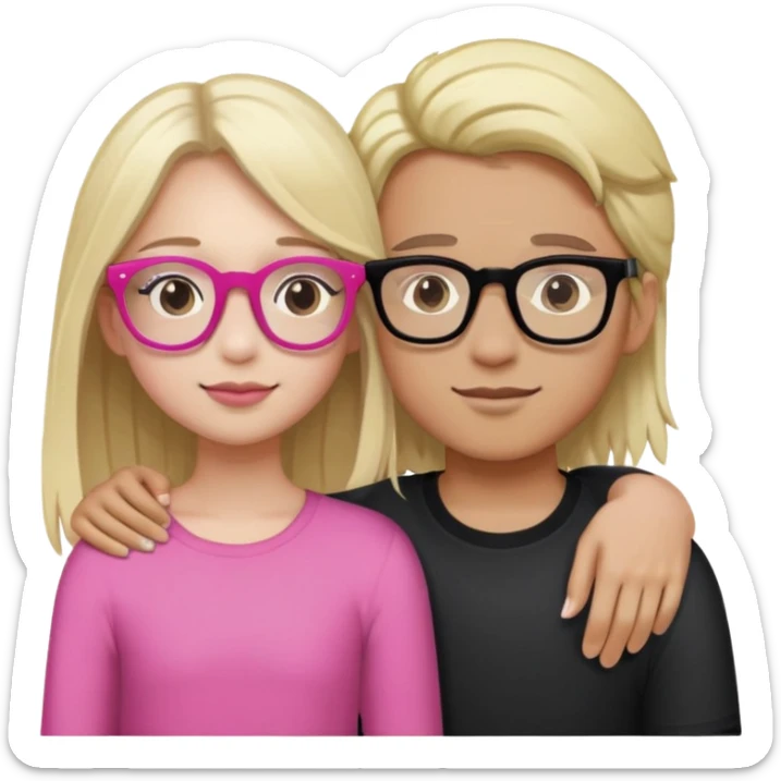 The girl has Dark Brown Hair, Pink glasses, And a mixed skin tone. Boy with white skin tone, Long Blonde Hair and black glasses. The two embrace each other  sticker