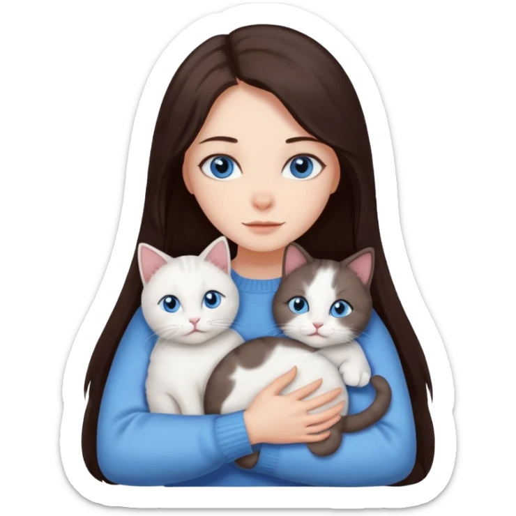 a girl with long dark 
brown hair, with blue eyes, in a
white sweater, hugs 3 different natural coloured cats sticker