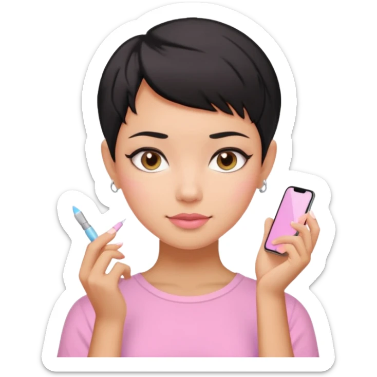 tan girl pink shirt with black hair & a pixie cut no earrings doing cute pastel colors skin care sticker
