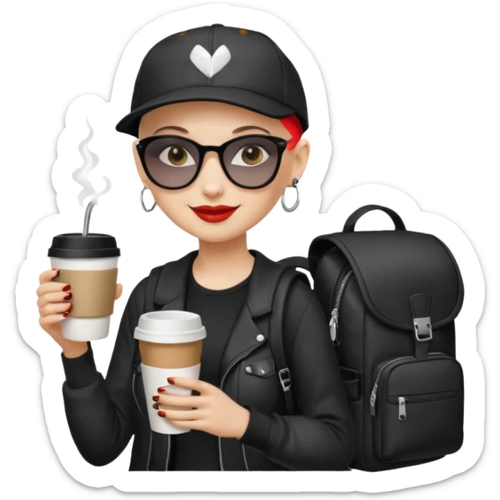 ["A happy woman with light skin, bald, wearing a baseball cap and sunglasses, dressed in goth fashion, is drinking coffee while holding a backpack."] sticker