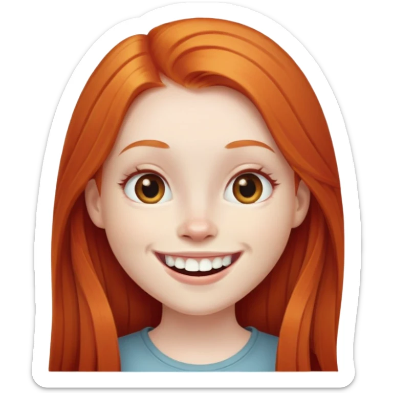 traditional emoji of young girl with very pale skin, long straight bright ginger red hair, regular human eyes (not cat-like), wide nose, big smile with extremely large prominent teeth showing, classic round face sticker