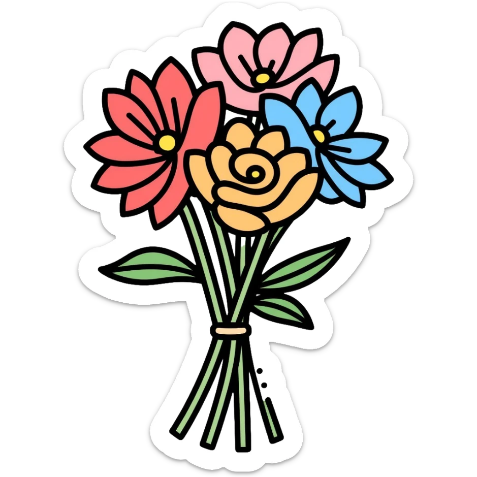 bouquet of flowers with various colorful flowers tied together sticker