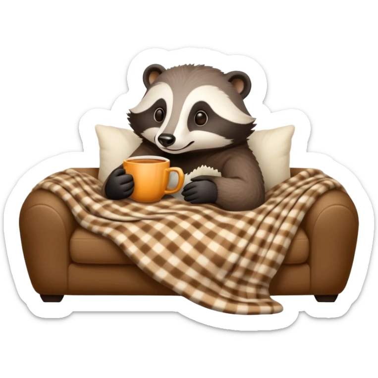 A cozy badger lounging on a plush couch, holding a cup of tea, with a warm blanket draped over its legs, surrounded by soft pillows, in a relaxed and comfy setting. sticker