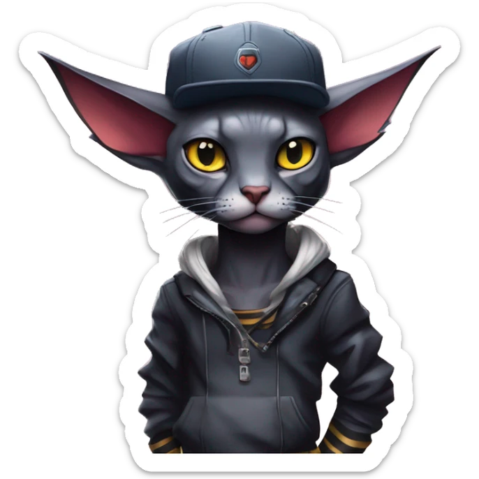 Cool Anthro Bat-Litten-Sphynx-Pokémon with edgy stripes collar punk techwear cool fiddler-hat Full Body sticker