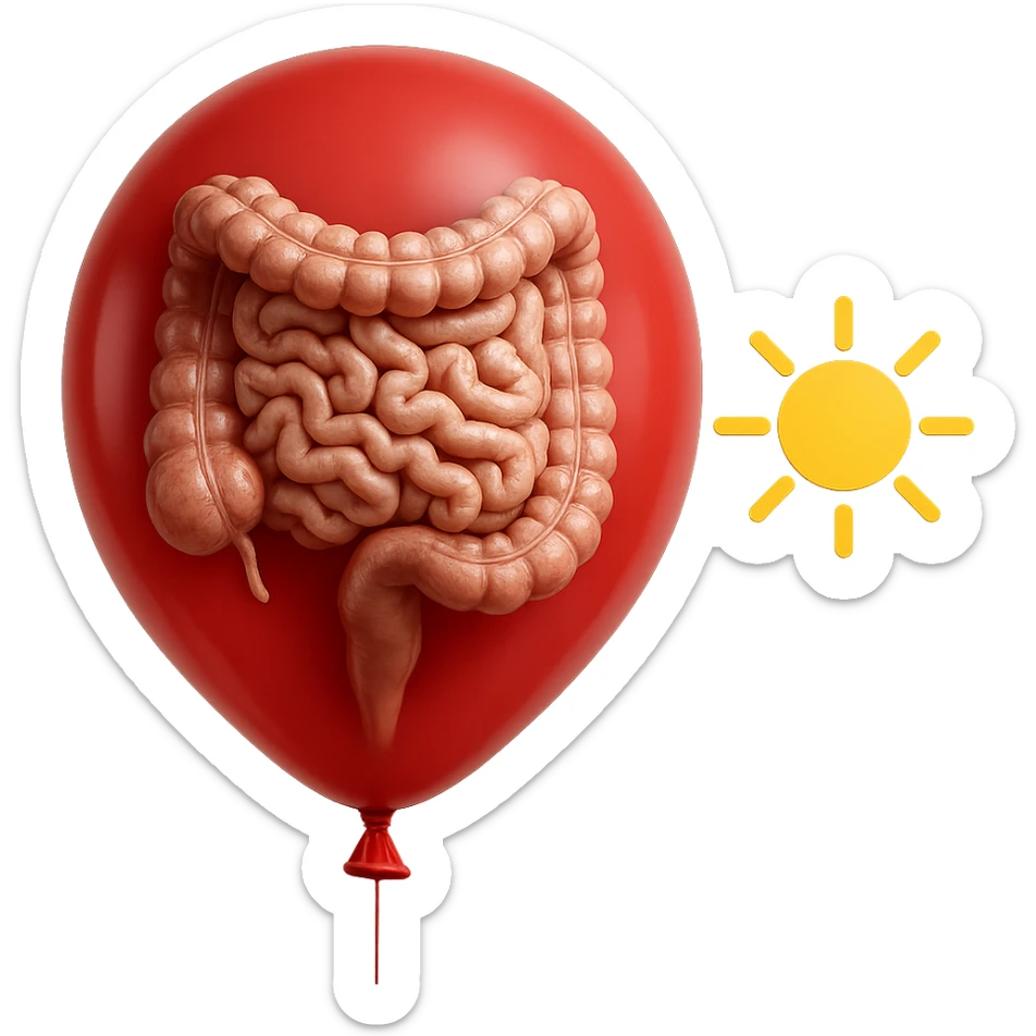 intestino umano anatomico chiuso in un palloncino rosso che simboleggia gonfiore, accanto un simbolo di sole che simboleggia "gonfiori di mattina", iperrealistico 4k sticker