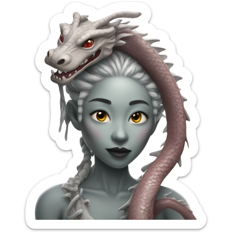 Photo realistic, alien female gray, kissing and embracing china dragon sticker