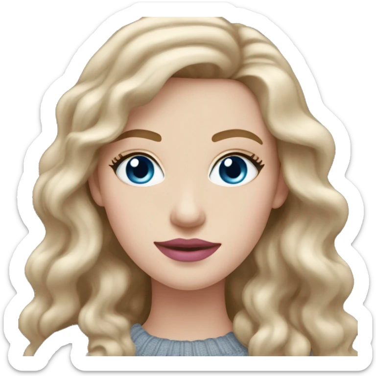 Woman with long wavy dark blonde hair, blue eyes, pale skin, long eyelashes, pink lipstick, pink blush, gray sweater sticker