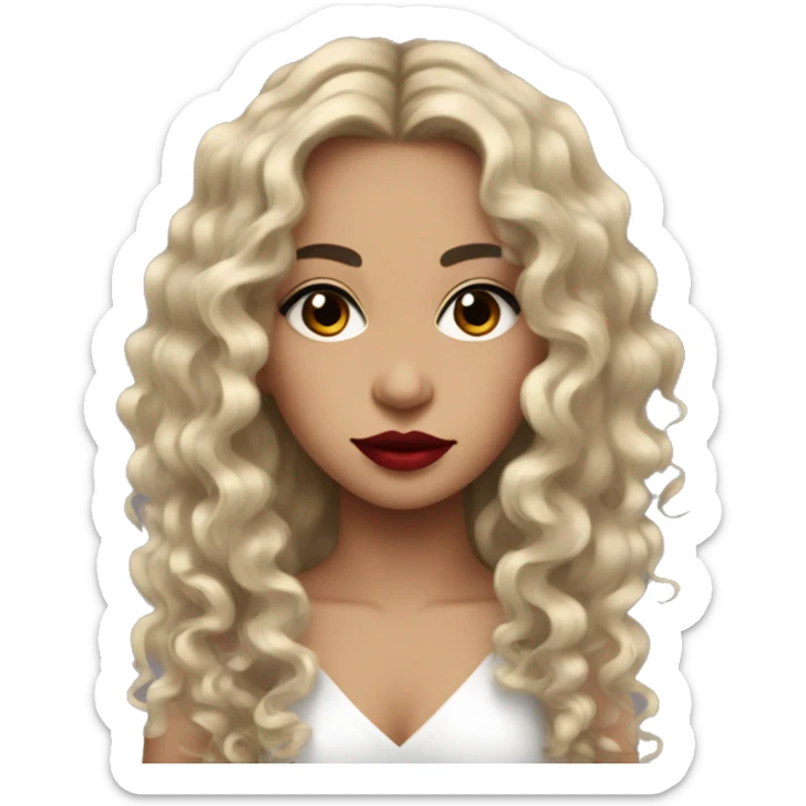 Girl with curly black long hair and black eyes with red lipstick and eyeliner sticker