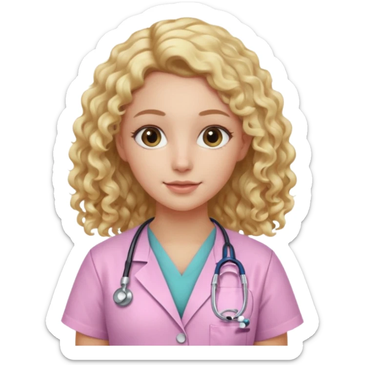 Apple-style emoji of a young woman with long, soft blonde curly hair, wearing light pink medical scrubs

 sticker