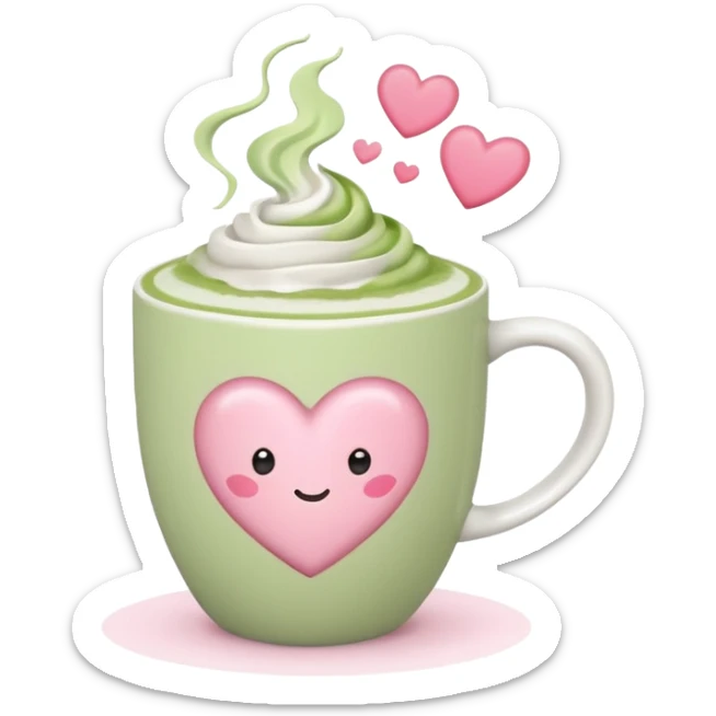 White ceramic mug of matcha latte with heart froth, pastel pink backdrop sticker