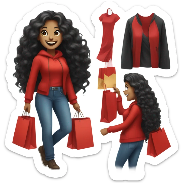 A happy woman with long black hair, big smile, holding shopping bags, curvy figure, festive red outfit sticker