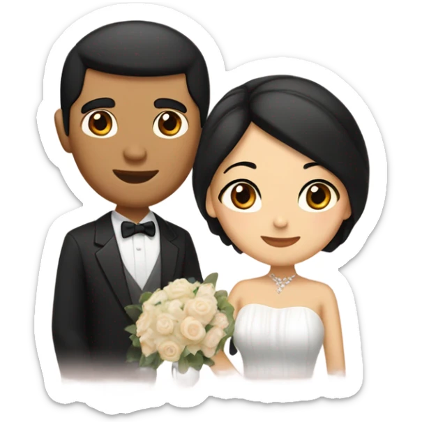 Brown eyes tan Asian man with brown eye black hair light fair skin woman in love in wedding  sticker