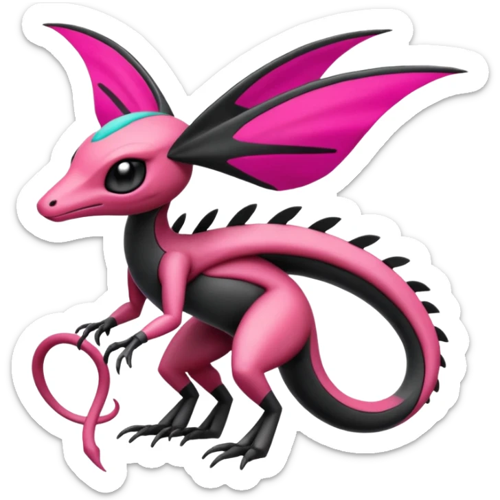 Magenta, black and white Meloetta-Flygon-Gorebyss-Salandit-Pokémon-Fakémon-creature-fusion-hybrid sticker
