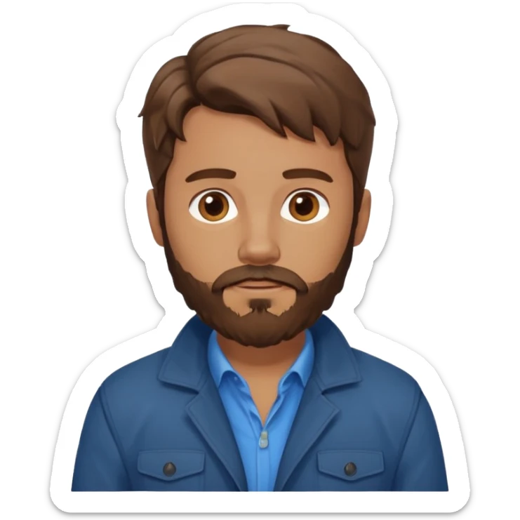 Avatar of a bearded man with wavy brown hair, wearing a brown jacket over a blue shirt, on a light blue background. sticker