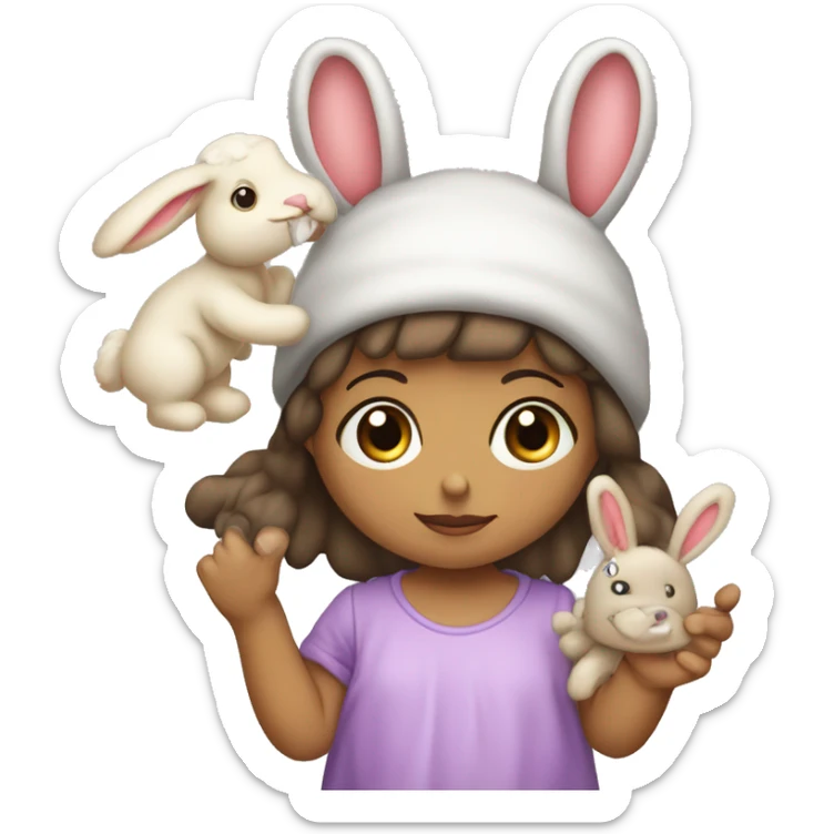 Niña 18 meses con chupete y con muñeco de conejo de trapo en la mano sticker