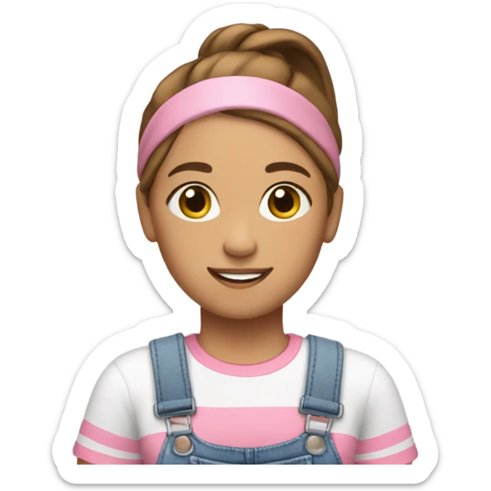 A skin white woman with brown hair in pony tail wearing white headband, pink t shirt and overalls  sticker